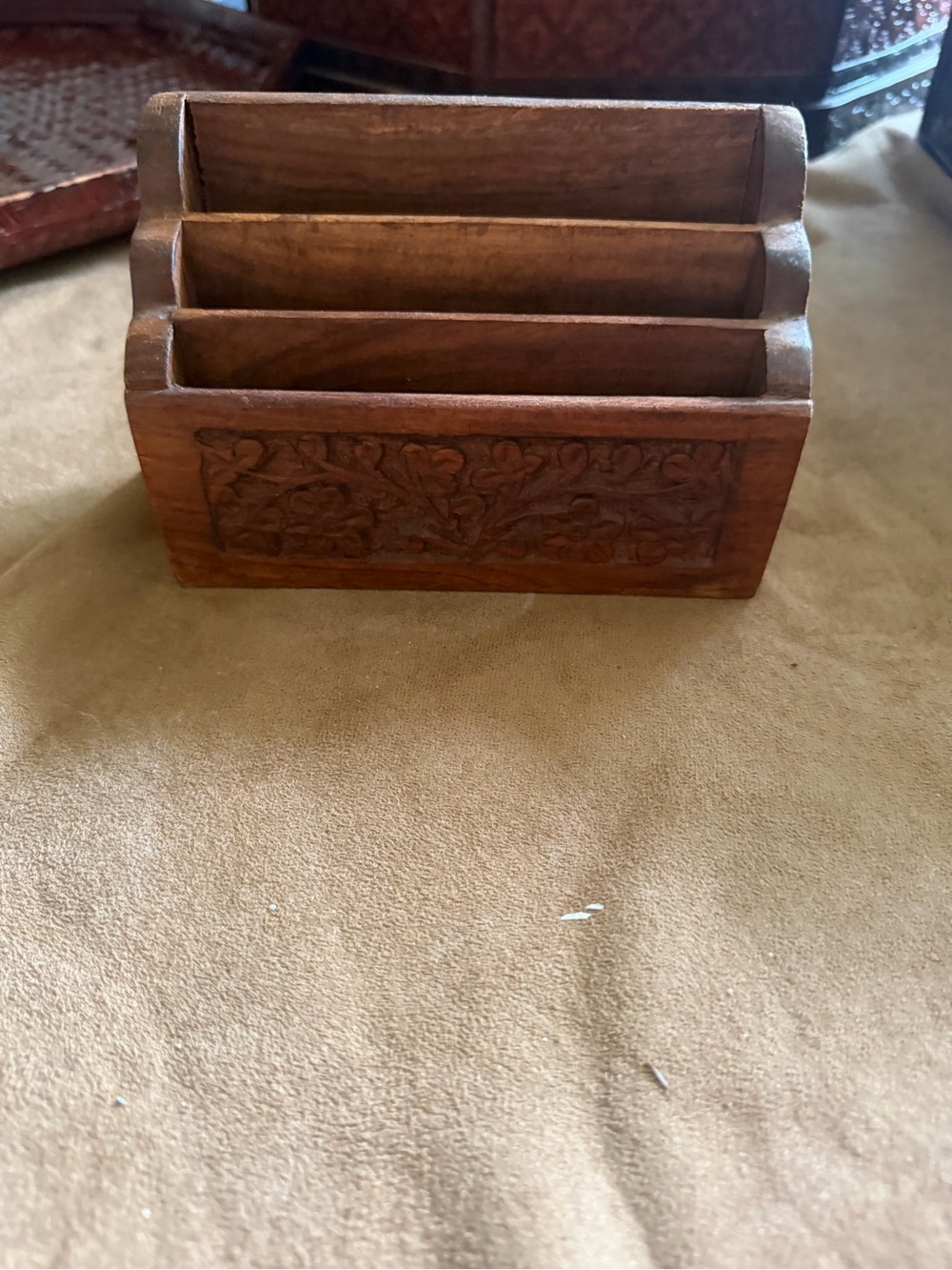 Carved Wooden Desk Organizer - Three Slot Mail Sorter